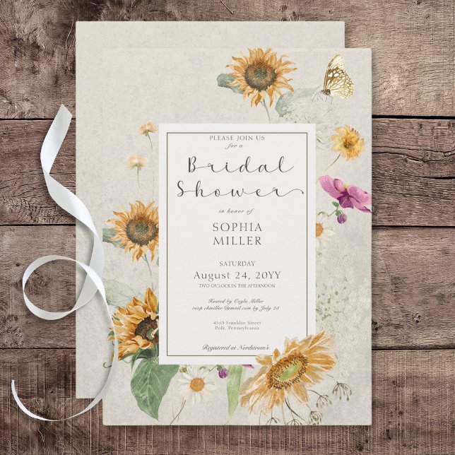 Vintage Summer Sunflower Cream Chá Convite (Vintage Summer Sunflower Cream Bridal Shower Invitation)