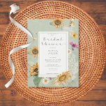 Vintage Summer Sunflower Floral Chá Convite<br><div class="desc">Este design chá de panela apresenta uma bela imagem de girassóis de cor aquática macia e outras flores de verão em um fundo verde macio e aflita. É romântico com um toque de safra. Criado pela imprensa simplesmente de farmácia.</div>