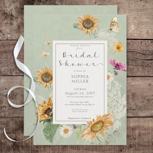 Vintage Summer Sunflower Floral Chá Convite (Vintage Summer Sunflower Green Bridal Shower Invitation)
