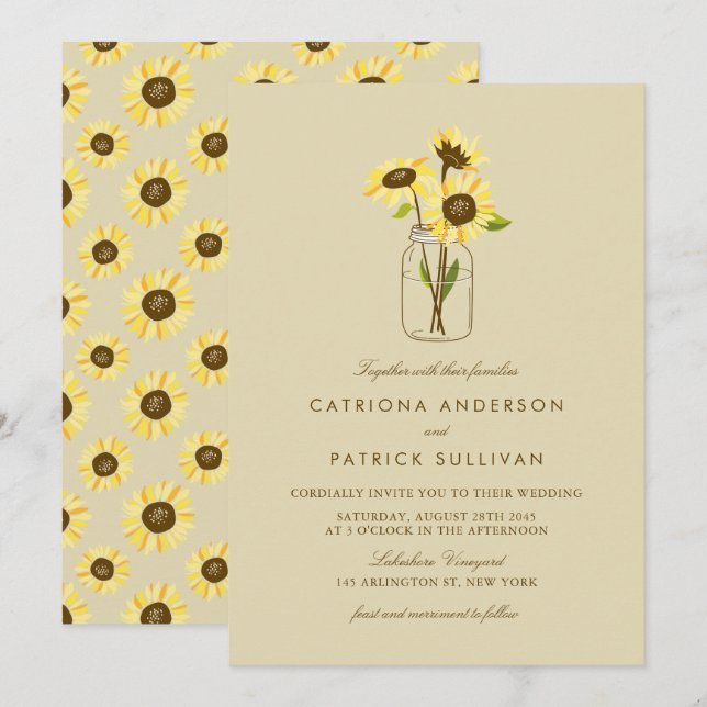 Vintage Sunflower no Convite para Casamento Mason  (Frente/Verso)