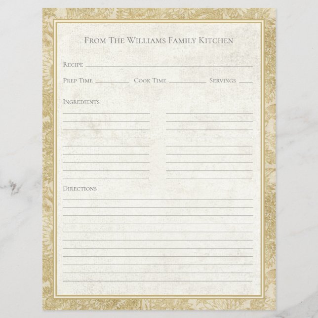 Vintage Sunflower Toile Tan Recipe Paper Sheet (Frente)