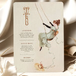 Vintage Swing Art Nouveau Cartão de Menu de Casame<br><div class="desc">Comemore a elegância do eterno com este cartão de cardápio de casamento inspirado em Art Nouveau, com uma ilustração cativante de balanço de safra. O delicado design destaca uma mulher num vestido verde-menta fluido com fita ouro, colocado sobre um fundo bege macio com sotaque marrom-quente e dourado. A tipografia artística...</div>