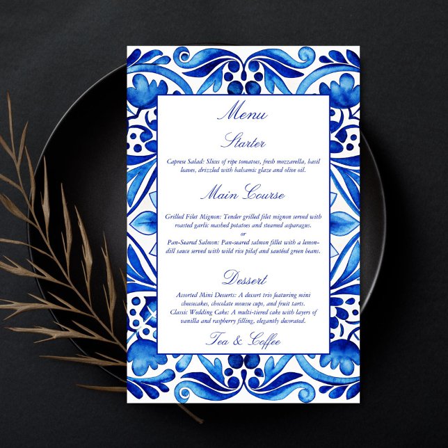 Vintage Talavera Azulejo — menu azul mediterrânico (Vintage Talavera Azulejo Mediterranean blue menu)