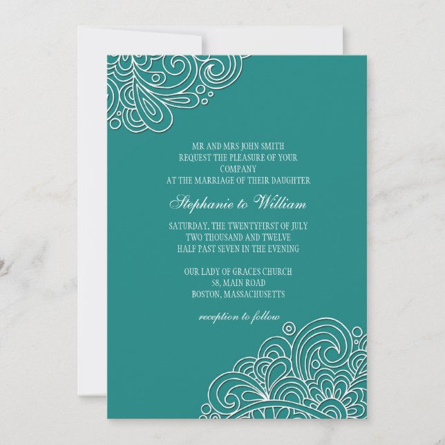 Vintage Teal Floral Swirl Convite Para Casamento (Frente)