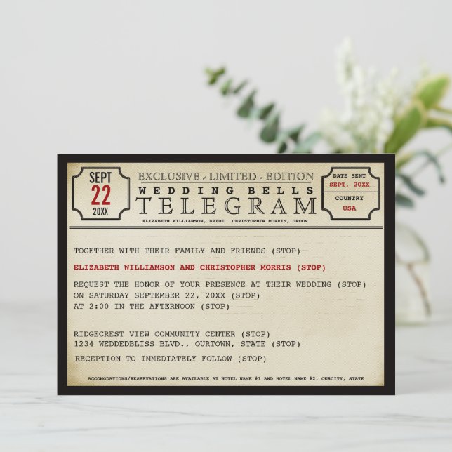 Vintage Telegram Style Convite De Casamento (Em pé/Frente)