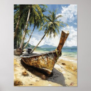 Vintage Thai Longtail Boat Atingido em Sand Poster