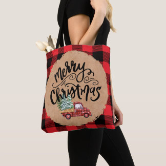 Vintage Truck Script Christmas Buffalo Plaid Tote