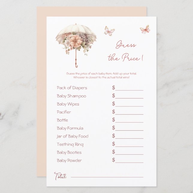 Vintage Umbrella Pink Price (Chá de fraldas rosa) (Frente/Verso)