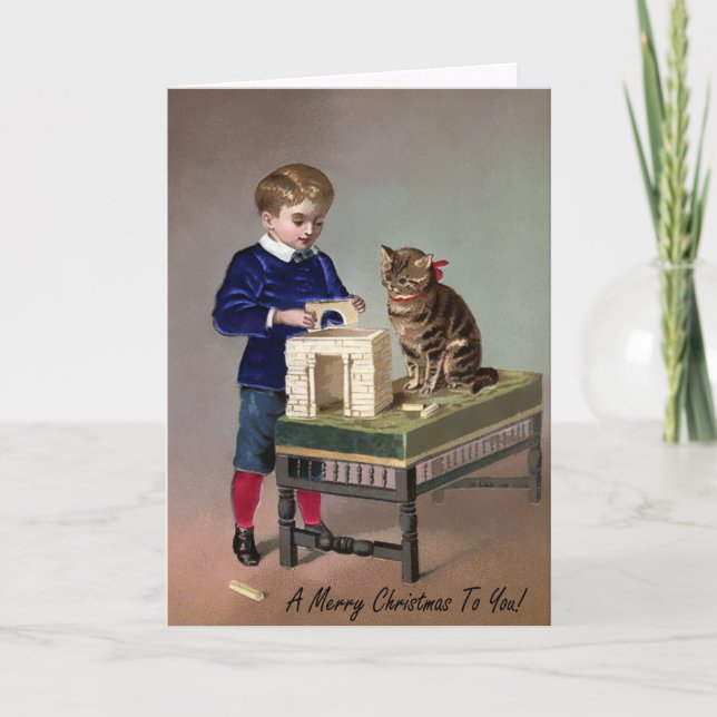 Vintage Victorian Cat Art Cartão de Natal (Frente)