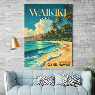 Vintage Waikiki Beach, Hawaii - Poster de viagens 
