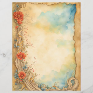 Vintage Watercolor Torn Paper com Flores
