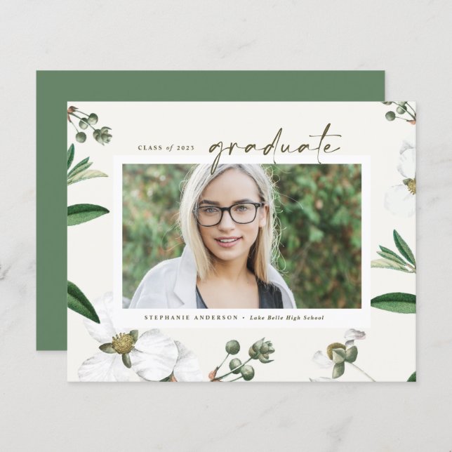 Vintage White Flowers Convite para Graduação de Fo (Frente/Verso)