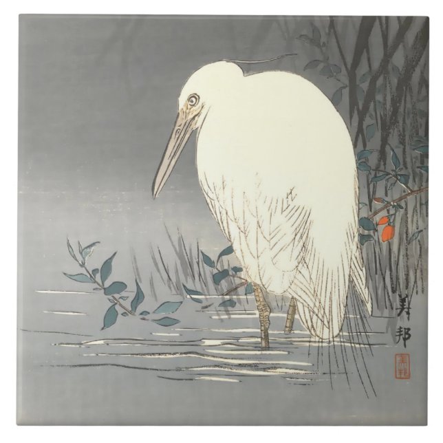 Vintage White Heron Japonês Na Borda Das Águas (Frente)