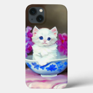 Vintage White Kitten com Flores Rosa