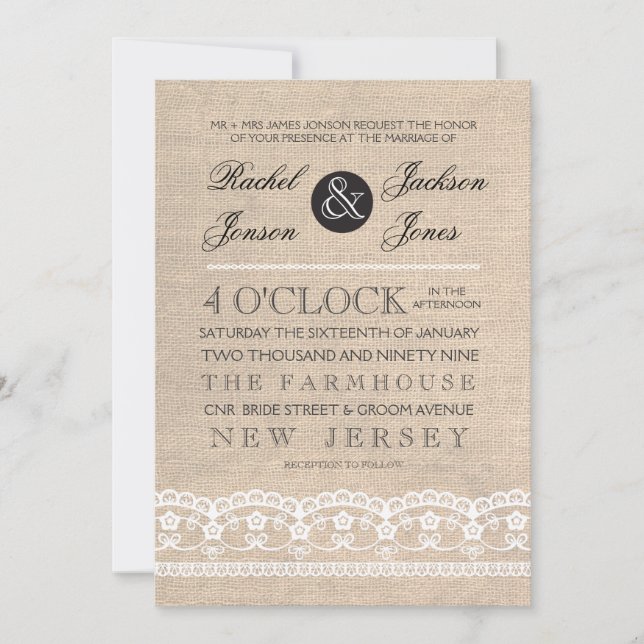 Vintage White Lace & Burlap Weditation Convite (Frente)