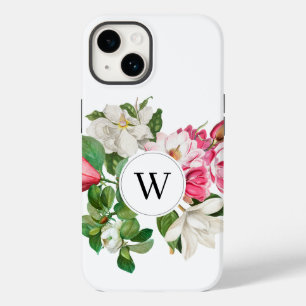 Vintage White & Pink Magnolia Flowers Monograma