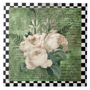 Vintage White Roses & Checkerboard