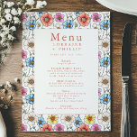 Vintage Wildflower Wedding Menu Card<br><div class="desc">Um toque floral encantador para a sua recepção de casamento. Este cartão de cardápio do estilo vintage de flor silvestre com um estilo colorido desenhado à mão, na borda floral ao redor dos detalhes do seu menu. Esta design é perfeita para casamentos de jardim, rústicos ou botânicos. Uma bela maneira...</div>