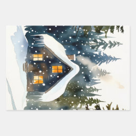 Vintage Winter Cabin Watercolor Christmas