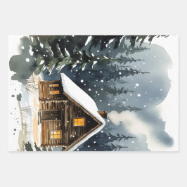 Vintage Winter Cabin Watercolor Christmas