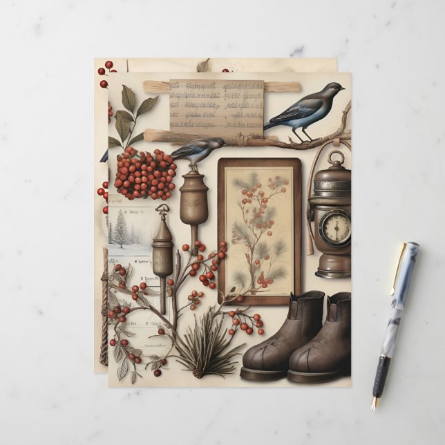 Vintage Winter Ephemera Scrapbook Paper (Frente/Verso In Situ)