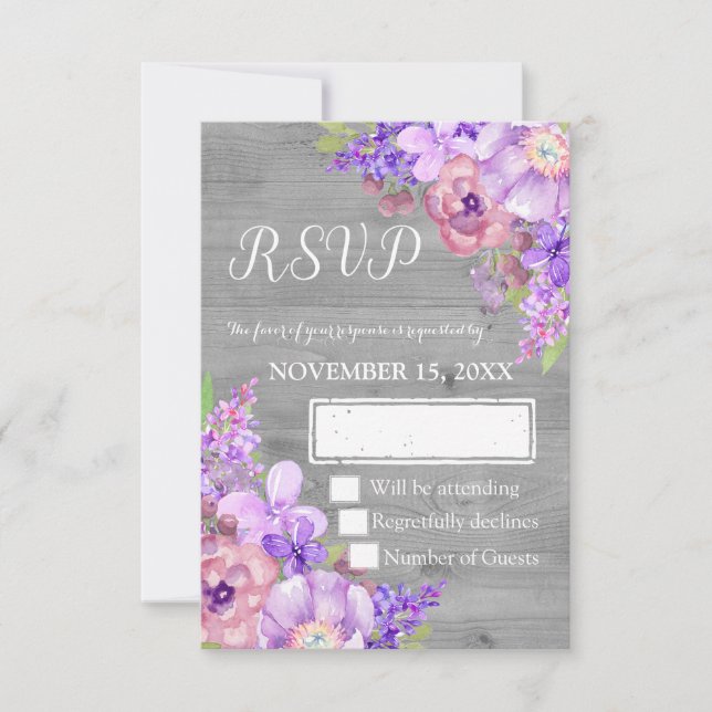 Vintage Wood Purple Floral Weding RSVP (Frente)