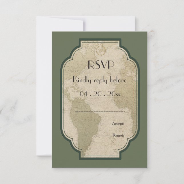 Vintage world map viagem temático RSVP de casament (Frente)