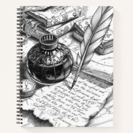 Vintage Writer's Inkwell and Quill Ink Sketch Note