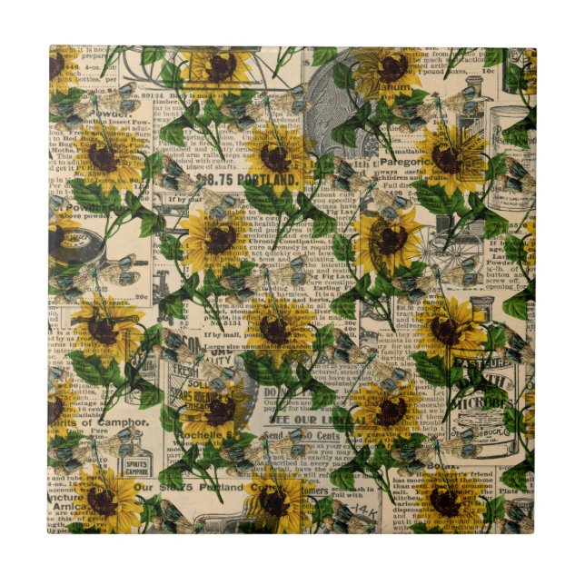 Vintage Yellow Sunflower Newpaper Dragonfly (Frente)