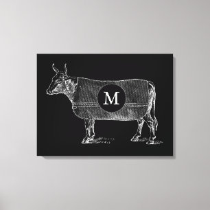 VINTAGEM ILUSTRAÇÃO Vaca Monograma Canvas Negra
