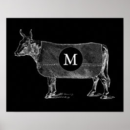 VINTAGEM ILUSTRAÇÃO Vaca Monograma Poster preto