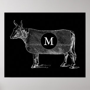 VINTAGEM ILUSTRAÇÃO Vaca Monograma Poster preto