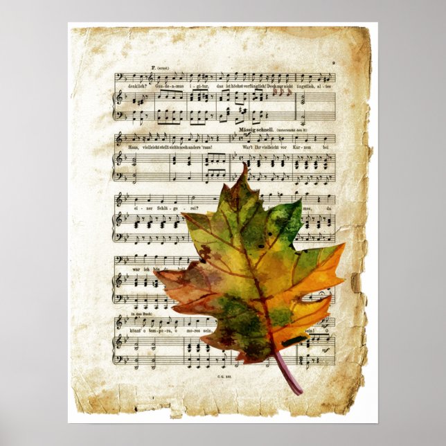 Vintages Sheet Music Autumn Leaf Art Poster (Frente)