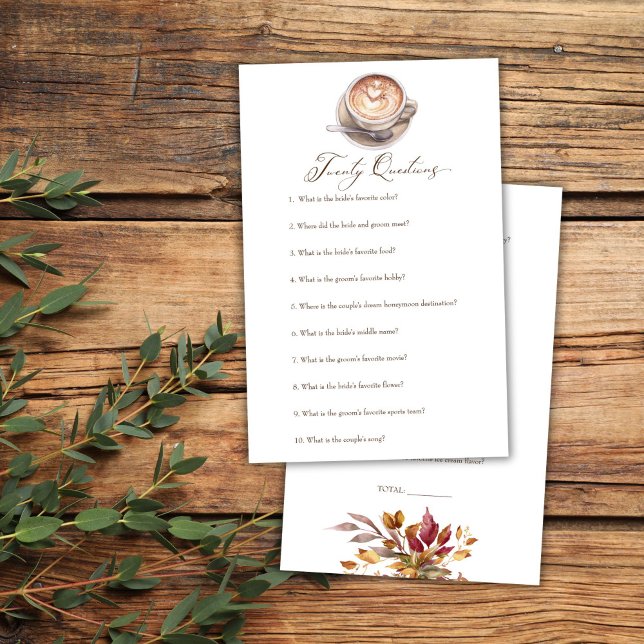 Vinte questões o amor está criando jogo de chá de  (Twenty questions love is brewing coffee fall shower game card cappuccino bridal shower games)