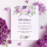 Violet flores verde convite para o aniversário do<br><div class="desc">Um fundo violeta,  lavanda,  de cor aquosa. Decorado com flores violetas e púrpuras de cor aquosa e verde. Personalize e adicione seu nome e detalhes da festa. 1 folha = 1 convite impresso de borda a borda.</div>