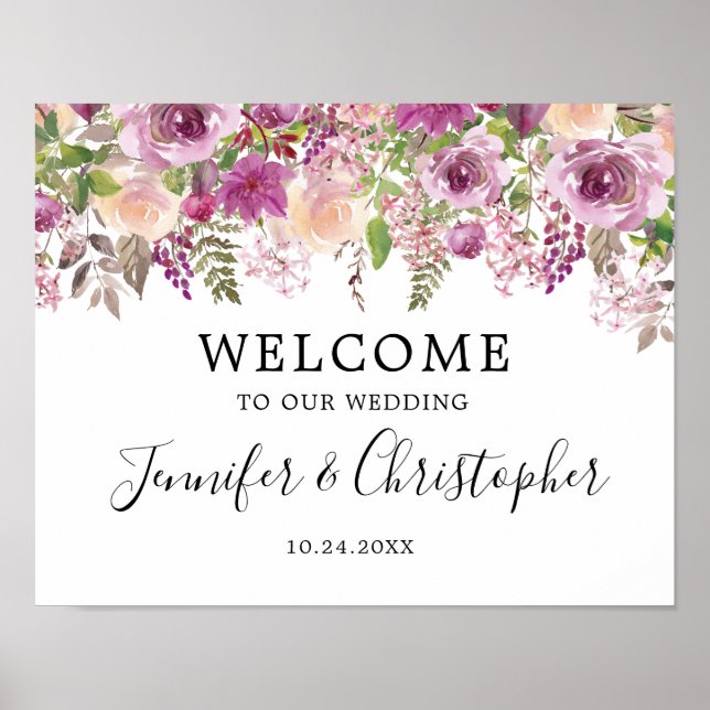 Violet Watercolor Floral Wedding Poster (Frente)