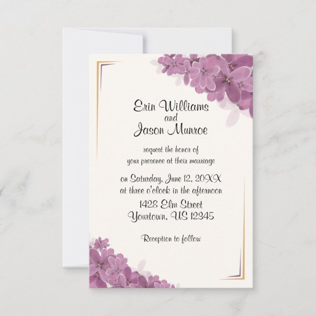 Violetas com Convite Dourado para Casamento (Frente)