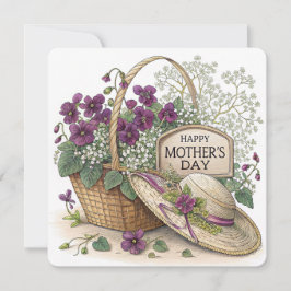 Violetas em um cartão do dia das mães em uma cesta