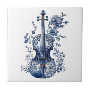 Violino do estilo Delft azul e branco com flores