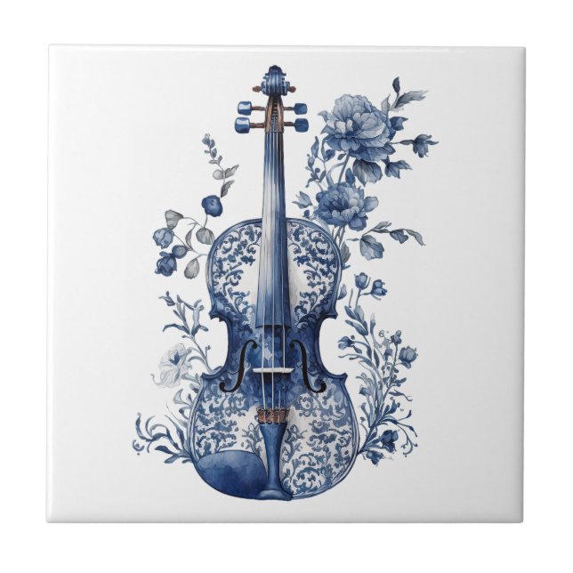 Violino do estilo Delft azul e branco com flores (Frente)