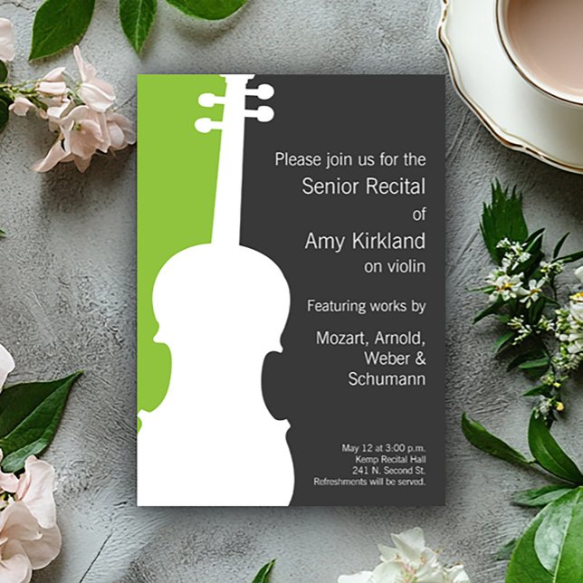 Violino Moderno / Convite ao Considerando Viola -  (Modern violin senior recital invitations in green.)