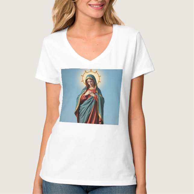 Virgem Abençoada Maria Camiseta do Pescoço das Mul (Frente)