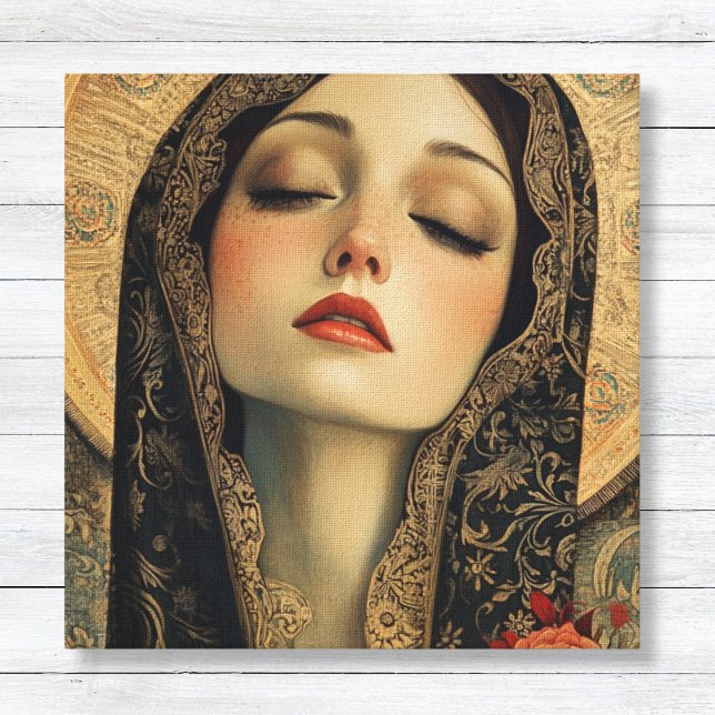 Virgem Bizantina Moderna Mary Prayer Canvas Impres (Modern Byzantine Young Mother Mary in Prayer - Printed Canvas Bedroom Wall Art)