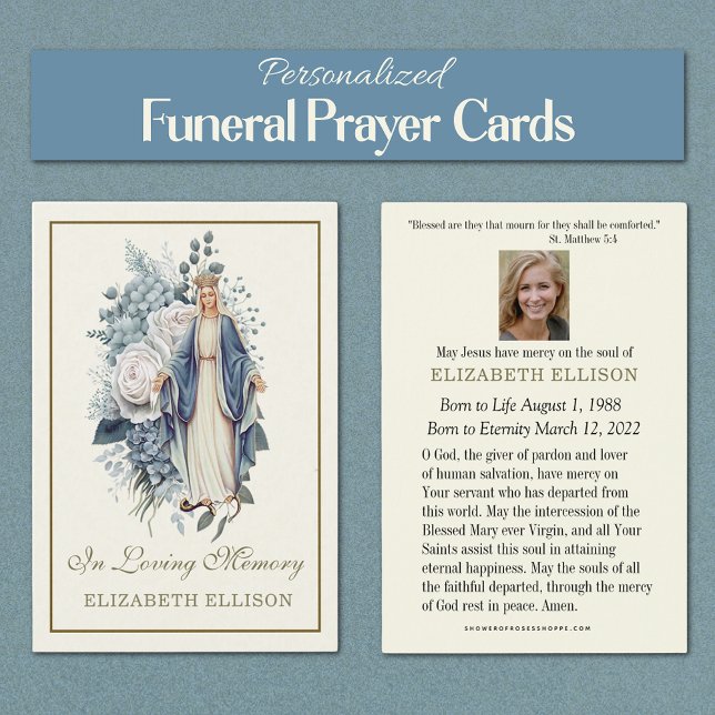 Virgem Floral Azul Mary Cartão de Oração Funeral (Personalized Catholic Funeral Memorial Prayer Cards of the Blessed Virgin Mary, Our Lady of Grace)