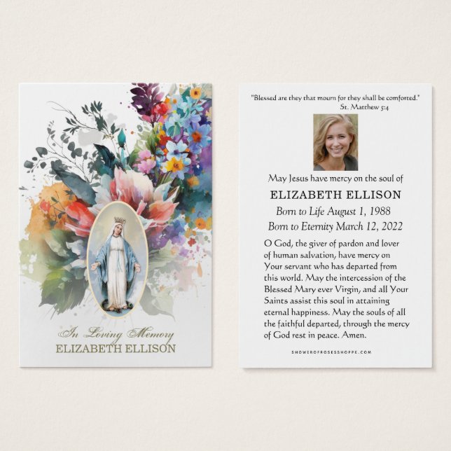 Virgem Floral Mary Fatima Cartão Funeral de Oração (Frente & Verso)