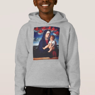Virgem Maria com Jesus bebê e cereias vermelhas