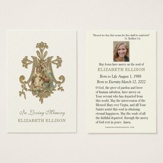 Virgem Maria MONT CARMEL Oração Funeral (Frente & Verso)