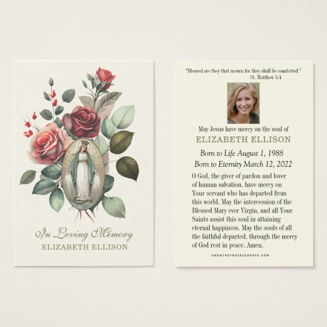 Virgem Maria Rosas florais Oração Funeral (Frente & Verso)