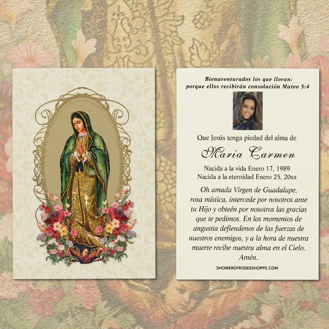 Virgem México Guadalupe Oração Funeral Espanhola (Spanish Catholic Our Lady of Guadalupe Funeral Prayer Card)