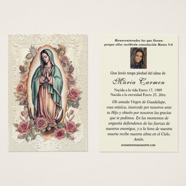 Virgem México Guadalupe Oração Funeral Espanhola (Frente & Verso)
